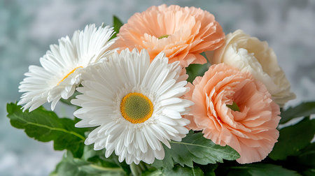 Bouquet of daisies and ranunculus on a light background