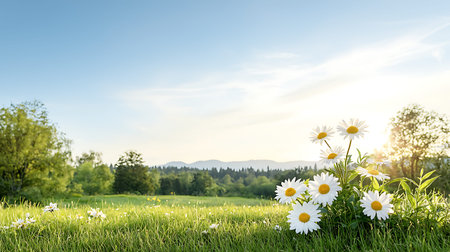 White daisies on a green meadow with mountains in the backgroundの写真素材