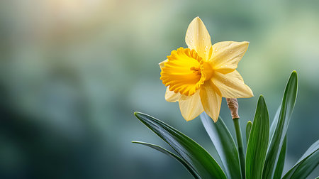 Yellow daffodil flower on blurred green background with copy spaceの写真素材