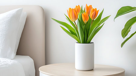 Orange tulips in vase on table in living room, stock photoの写真素材