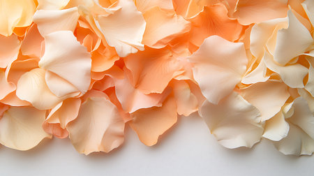 Rose petals on white background, top view. Space for textの写真素材