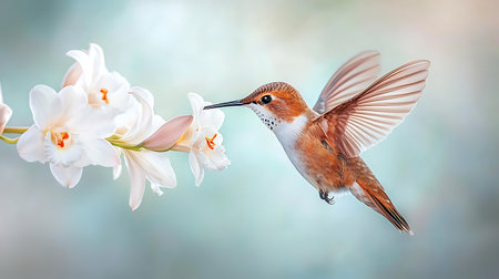 Hummingbird and white orchids on a blurred background.の写真素材