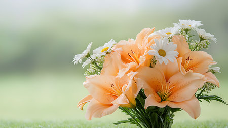 Bouquet of orange lilies with daisies on green grassの写真素材