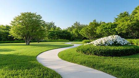 Walkway in the garden with green grass and white flowers in summerの写真素材