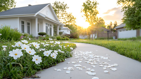 White flower petals on the path in the garden at sunset.