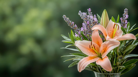 Bouquet of lilies and lavender on a green backgroundの写真素材