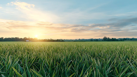 Green rice field and blue sky at sunset, Panoramic view
