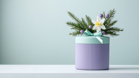 Gift box with flowers on white table and blue wall background.の写真素材