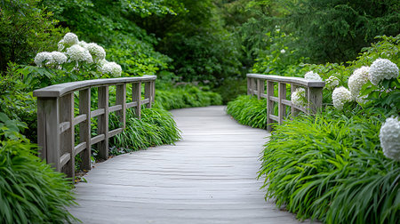 Wooden bridge in the garden with white hydrangea flowers