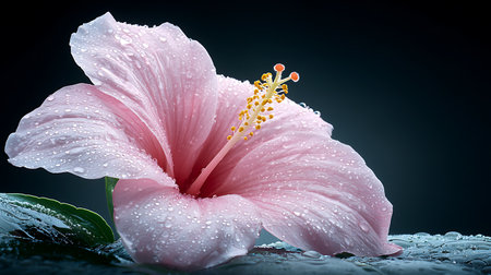 Beautiful pink hibiscus flower with water drops on black backgroundの写真素材
