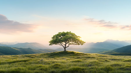 Tree on the meadow in the mountains at sunset.の写真素材