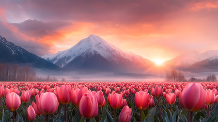 Tulip field with snow mountain in the background at sunrise.の写真素材