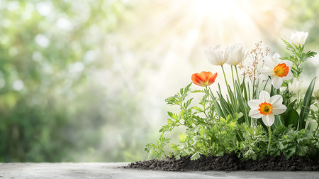 Beautiful spring flowers growing in soil on blurred background, space for text