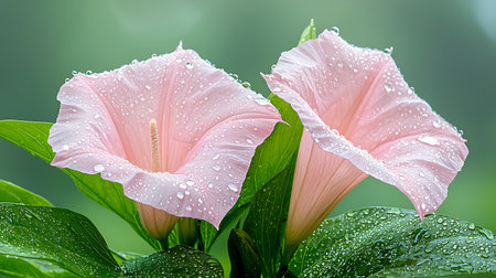 Pink hibiscus flower with dew drops on green backgroundの写真素材