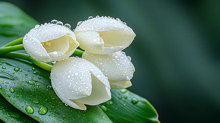 Beautiful white tulips with water drops on a green background.