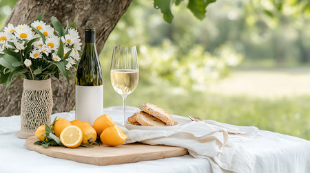 Composition with glasses of wine, lemon and bread on table outdoorsの写真素材