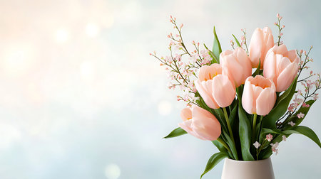 Bouquet of pink tulips in a vase on a blue background
