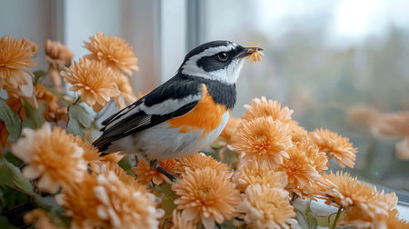Finch (Ficedula hypoleuca) perched on a flowerの写真素材