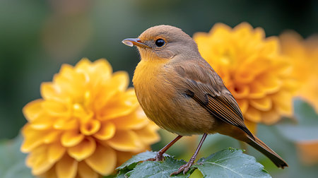 close up of a robin bird on a yellow flower in natureの写真素材