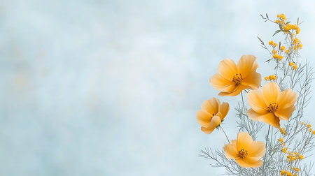 Yellow poppies and mimosa flowers on light blue background.の写真素材