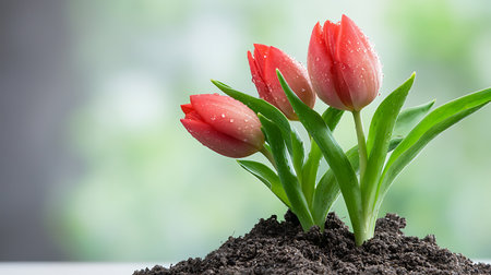 Red tulips in soil on blurred background. Gardening concept.の写真素材