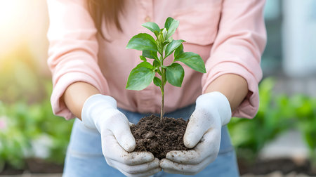 Close up of woman hands holding green seedling in soil with nature backgroundの写真素材