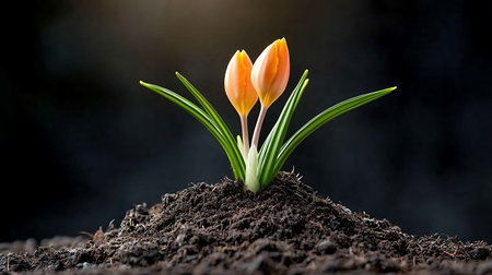 Crocuses growing in the soil on a dark background. Spring concept