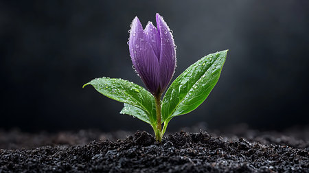 Crocuses seedling in soil with rain drops on black background