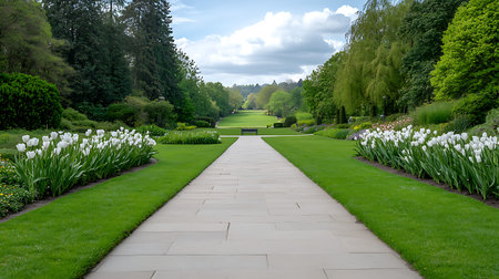 Luxury garden in springtime with white tulips and green grass