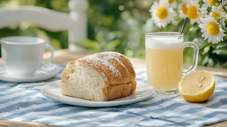 Bread and cup of tea on wooden table in garden