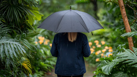Young woman with umbrella in rain. Rainy day in the rain.