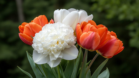 tulips. a bulbous spring-flowering plant of the lily family, with boldly colored cup-shaped flowers.の写真素材