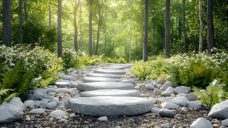 stone path in the green forest at summer day, nature background.の写真素材