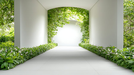 3d rendering of white wall and green plants in the garden.の写真素材