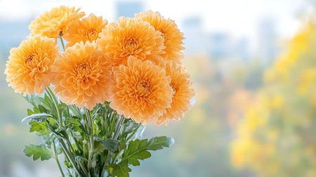 Bouquet of orange chrysanthemums on blurred backgroundの写真素材