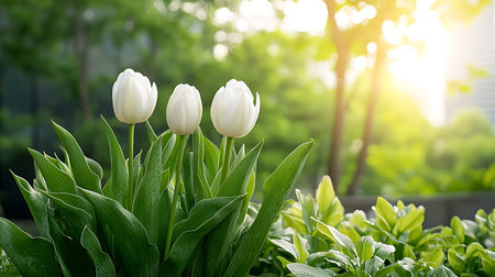 White tulips in the garden on the background of green leaves.