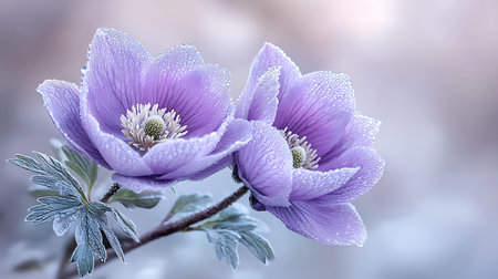 Purple anemone flowers with dew drops on petals