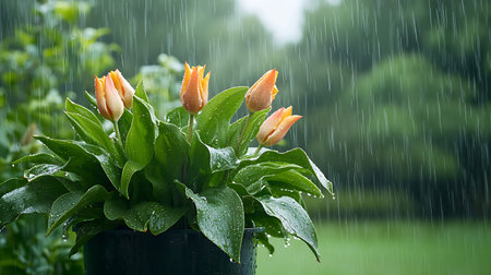 Bouquet of tulips in a pot under the rain.