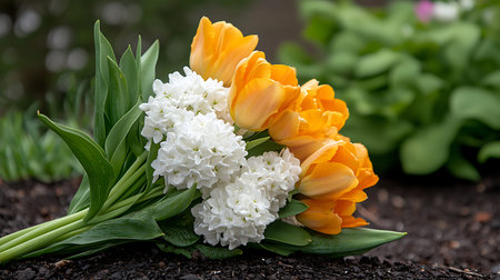 Bouquet of tulips and hyacinths in the garden