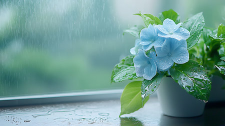blue hydrangea flowers on the windowsill with raindropsの写真素材