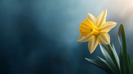 Yellow daffodil flower on blue background with copy space.の写真素材