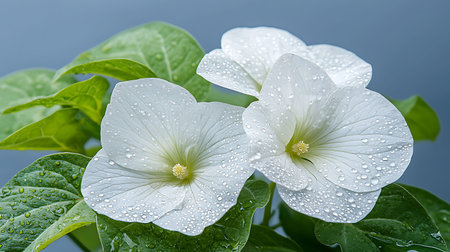 White flowers with drops of dew on a dark blue background.