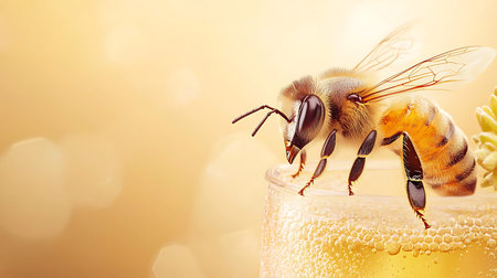 Honey bee on a glass of beer with bokeh background
