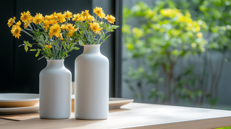 Vase with yellow flowers on the table in the living room.の写真素材