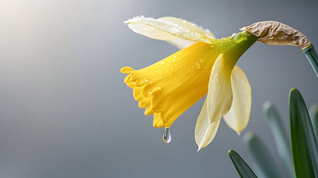 Yellow daffodil with drops of water on a gray background