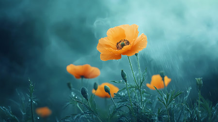 Beautiful orange poppy flowers blooming in a meadow in the fogの写真素材