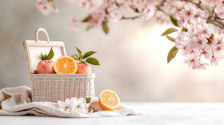 Wicker basket with fresh fruits and flowers on table, on light background