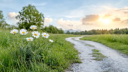 White daisies on the background of a dirt road and forestの写真素材