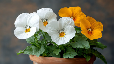 Beautiful pansy flowers in pot on dark background, closeupの写真素材