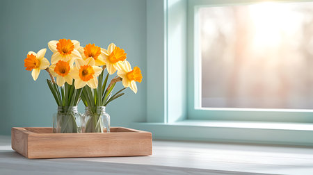 Bouquet of daffodils in a vase on the windowsillの写真素材